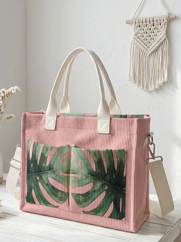 Violaine | Sac cabas en velours côtelé feuille de monstera