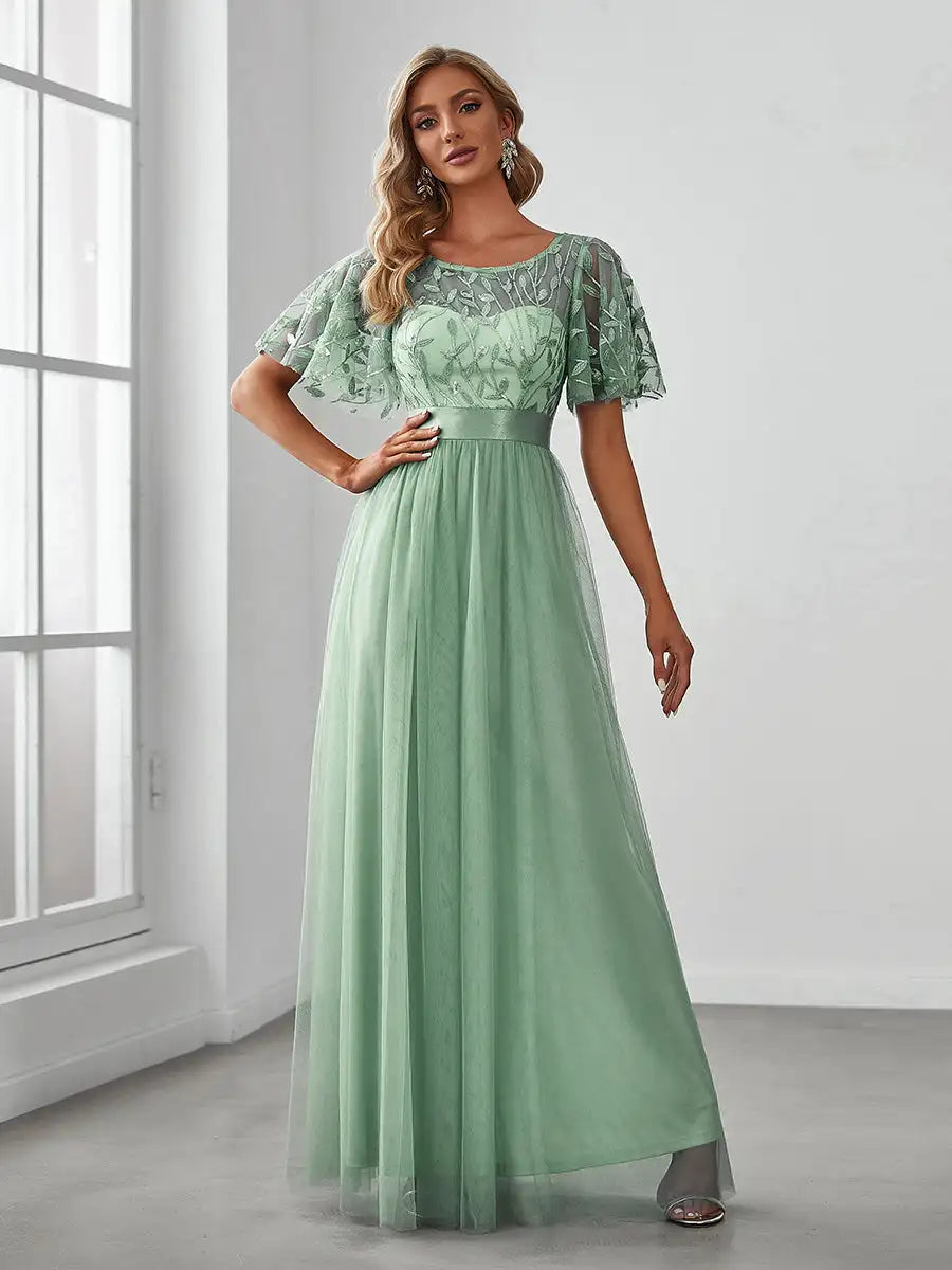 Elodie | Robe de Soirée à Manches Courtes en Sequins