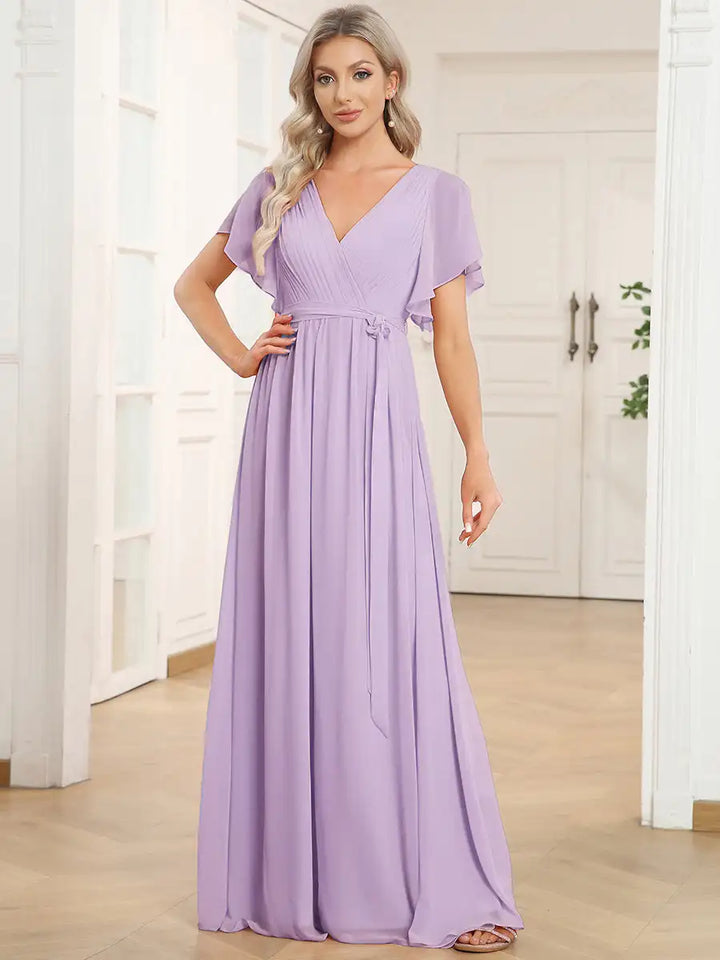 Celeste | Robe de Soirée en Chiffon à Manches Volantes
