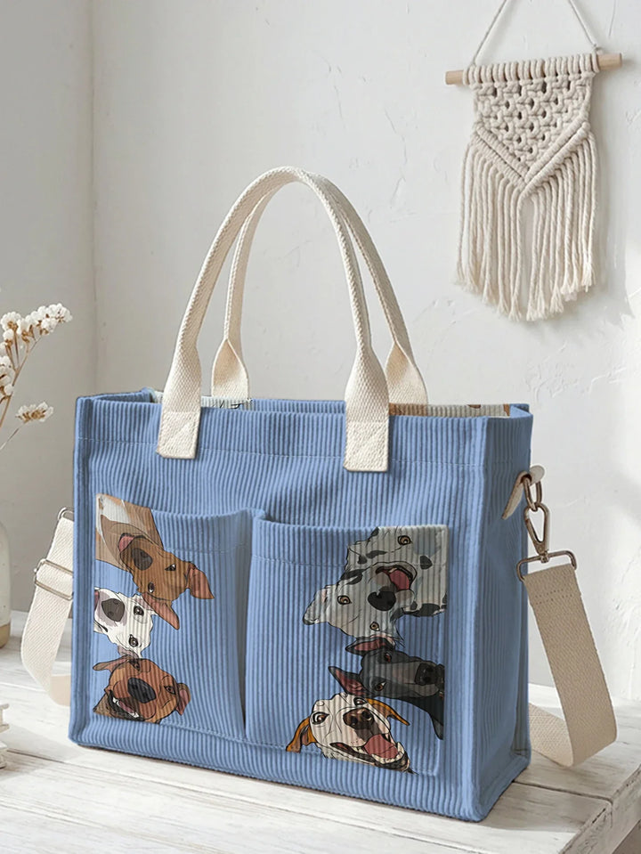 Régine | Sac cabas en velours côtelé chiens joyeux sur fond bleu