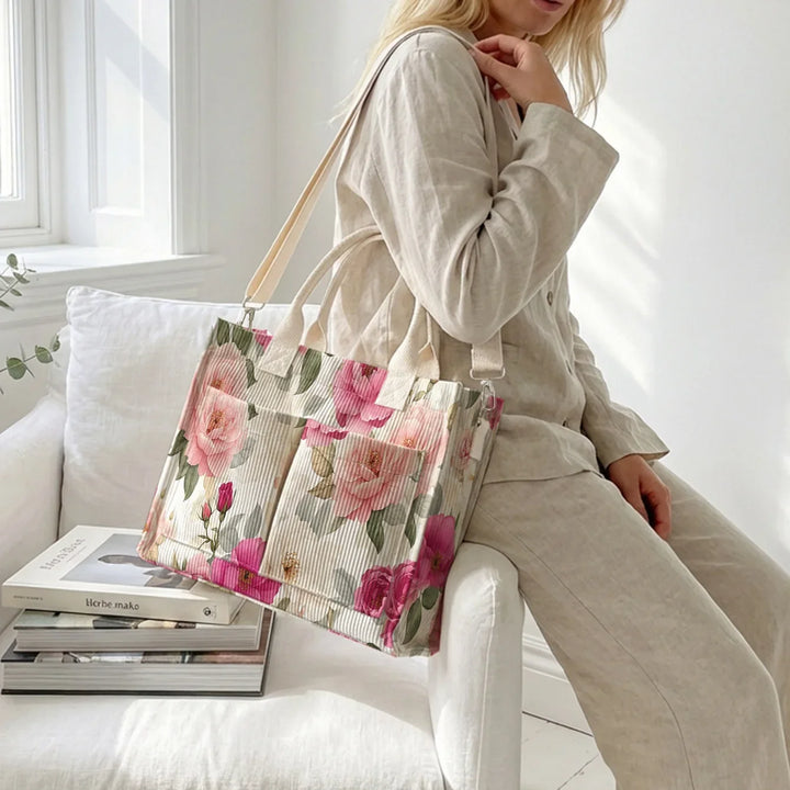Thècle | Sac cabas en velours côtelé pivoines