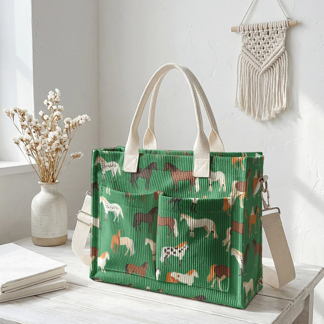 Romaine | Sac cabas en velours côtelé chevaux