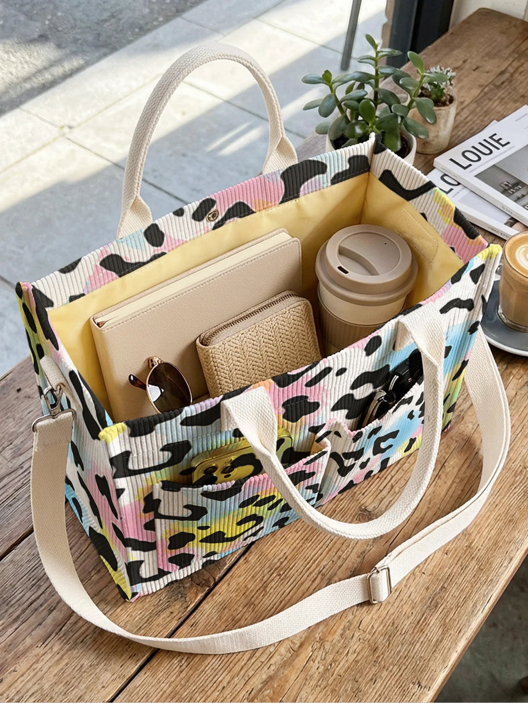 Raymonde | Sac cabas en velours côtelé léopard pastel