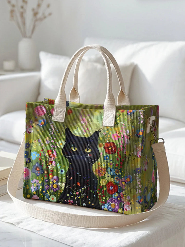 Prudence | Sac cabas en velours côtelé chats noirs au jardin