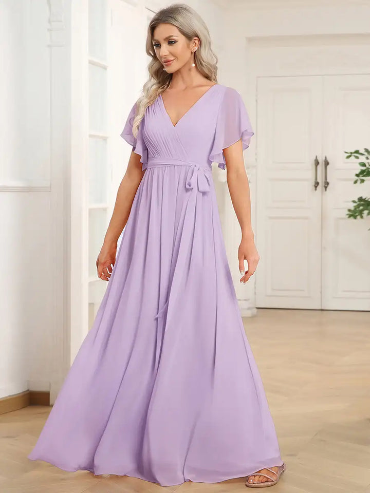 Celeste | Robe de Soirée en Chiffon à Manches Volantes