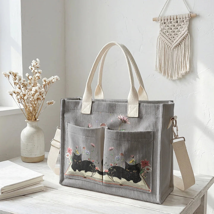 Nélia | Sac cabas en velours côtelé chat lecteur