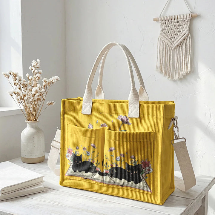 Nélia | Sac cabas en velours côtelé chat lecteur