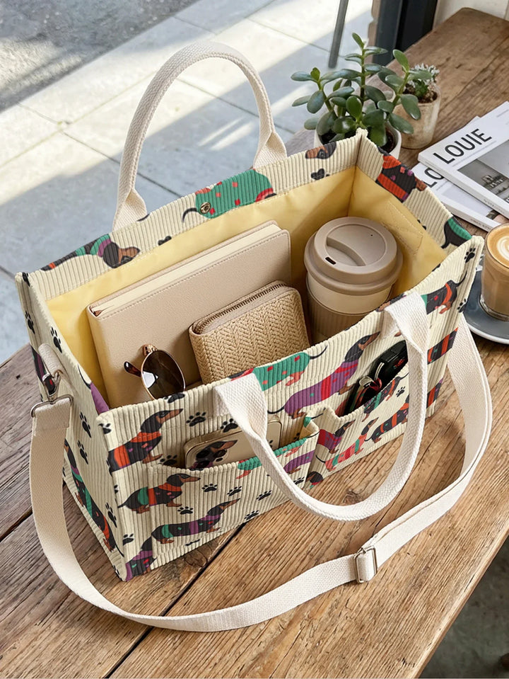 Pierrette | Sac cabas en velours côtelé teckels colorés