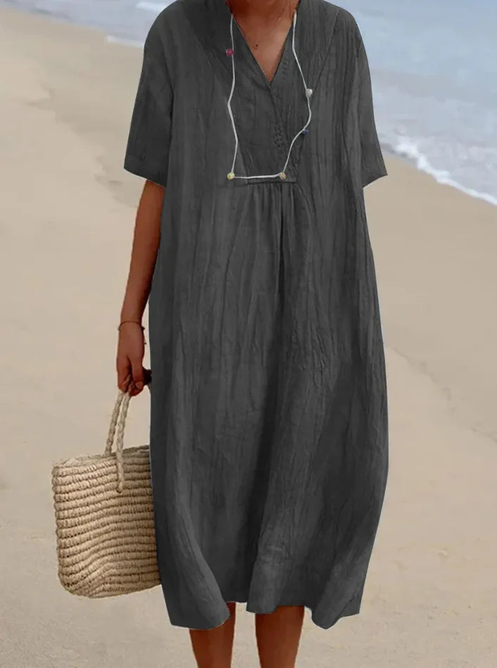 Sandra | Robe décontractée en lin texturé avec décolleté en V
