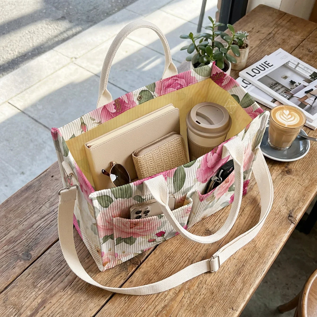 Thècle | Sac cabas en velours côtelé pivoines