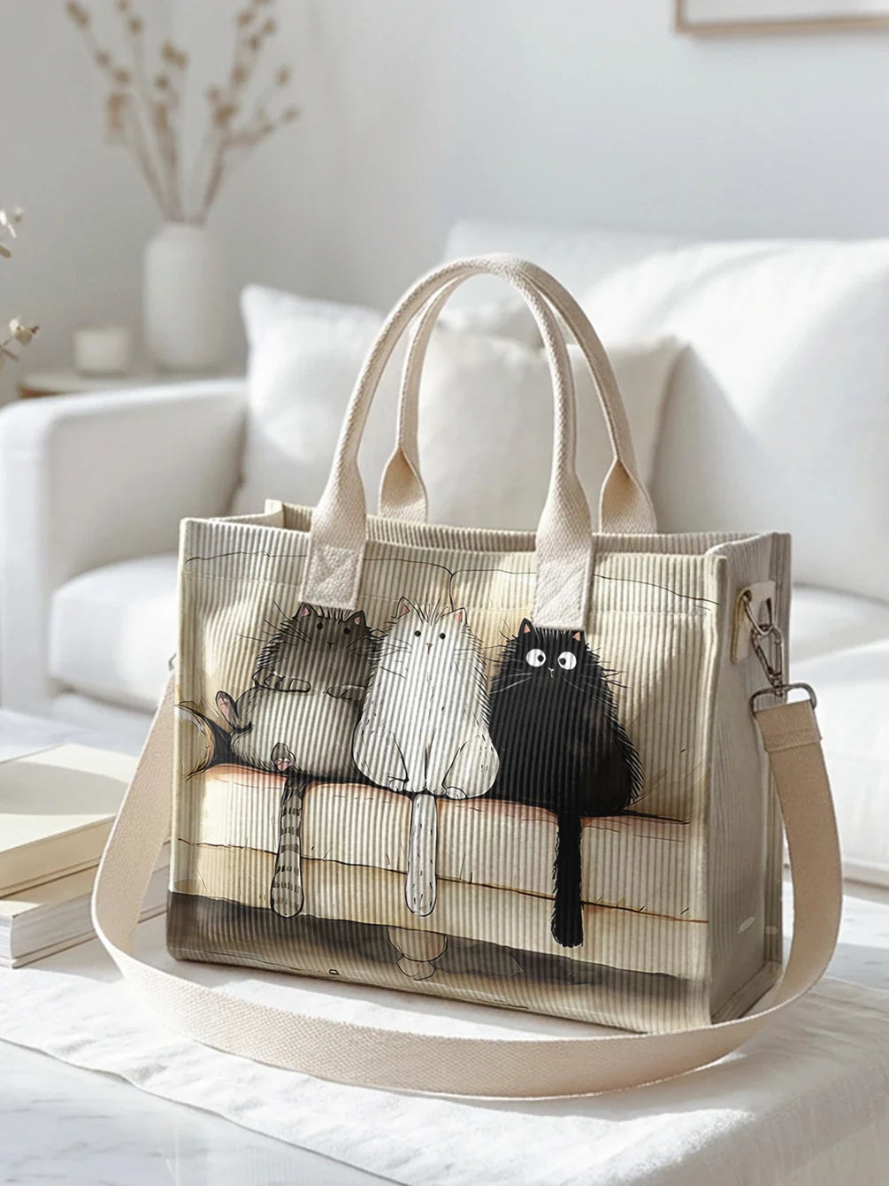 Olympe | Sac cabas en velours côtelé chats sur fond beige