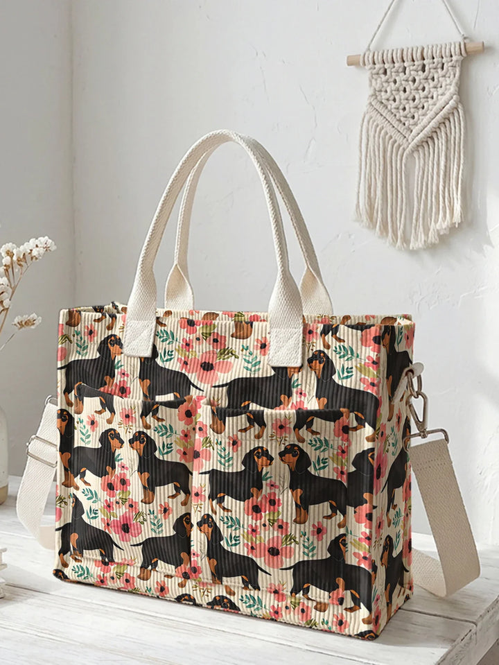 Paloma | Sac cabas en velours côtelé teckels fleuris