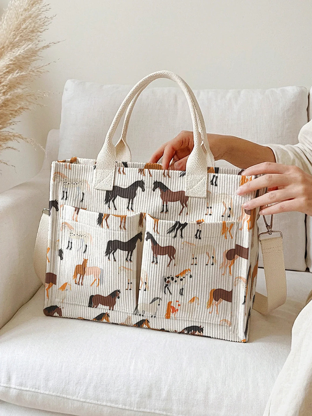 Romaine | Sac cabas en velours côtelé chevaux