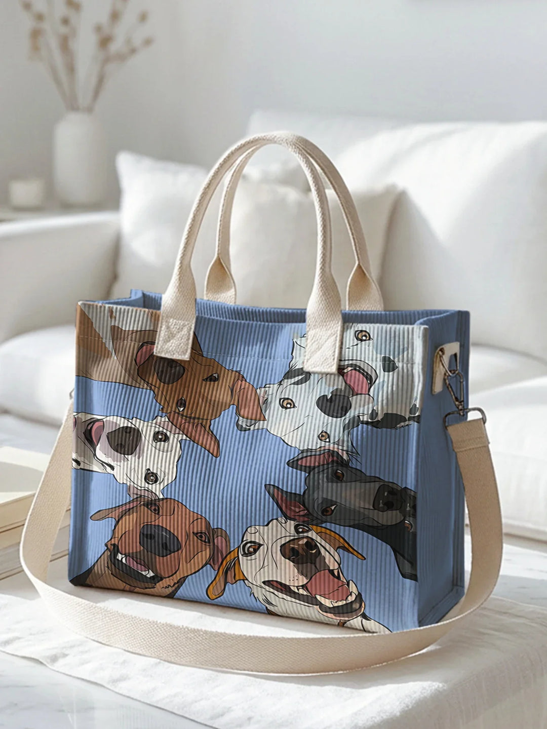 Régine | Sac cabas en velours côtelé chiens joyeux sur fond bleu