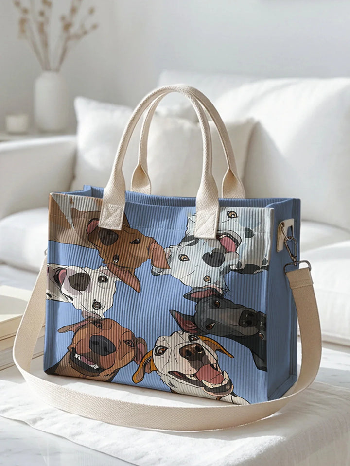 Régine | Sac cabas en velours côtelé chiens joyeux sur fond bleu