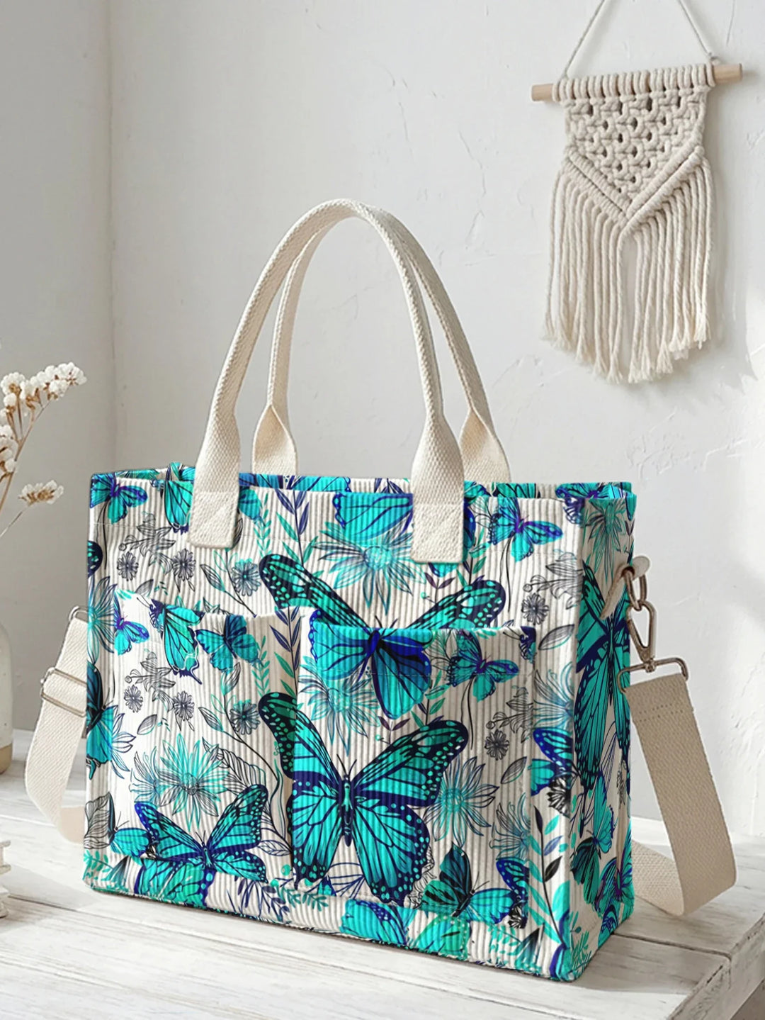 Rolande | Sac cabas en velours côtelé papillons turquoise