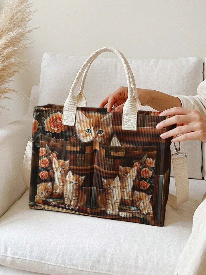 Odéline | Sac cabas en velours côtelé chatons roux et roses