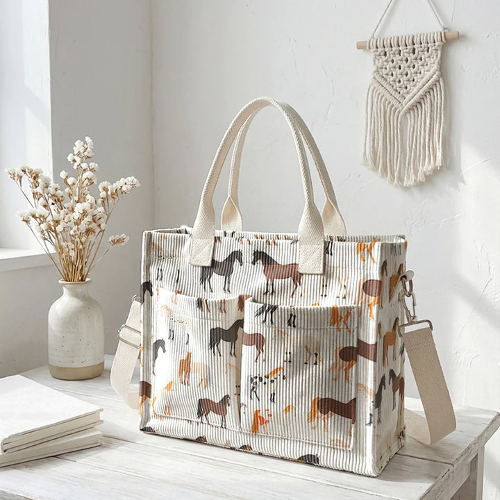 Romaine | Sac cabas en velours côtelé chevaux