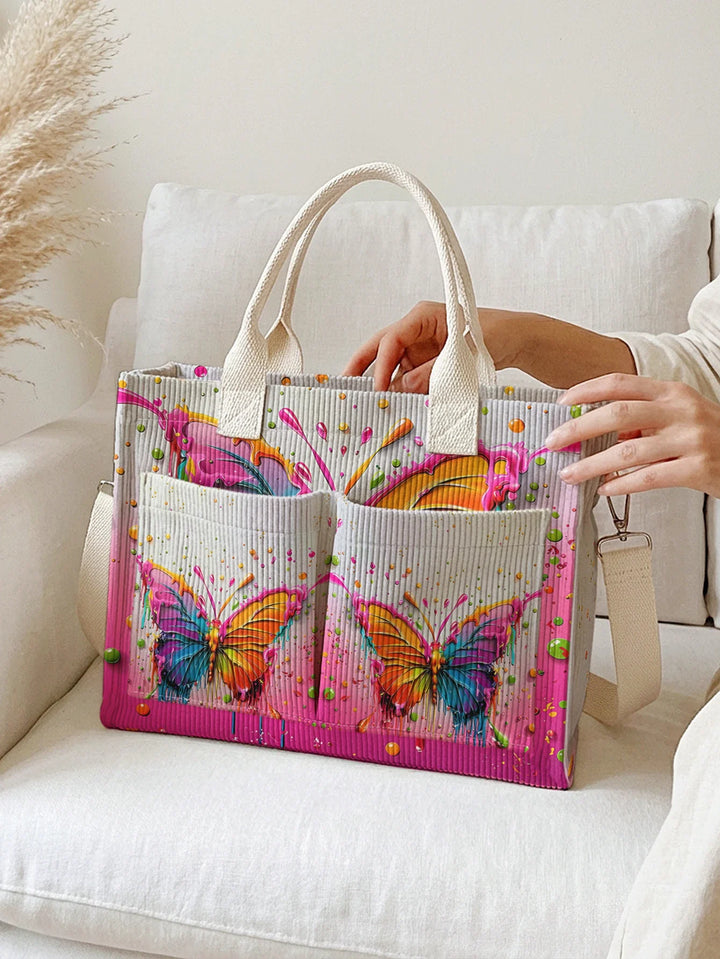 Tatiana | Sac cabas en velours côtelé papillon multicolore