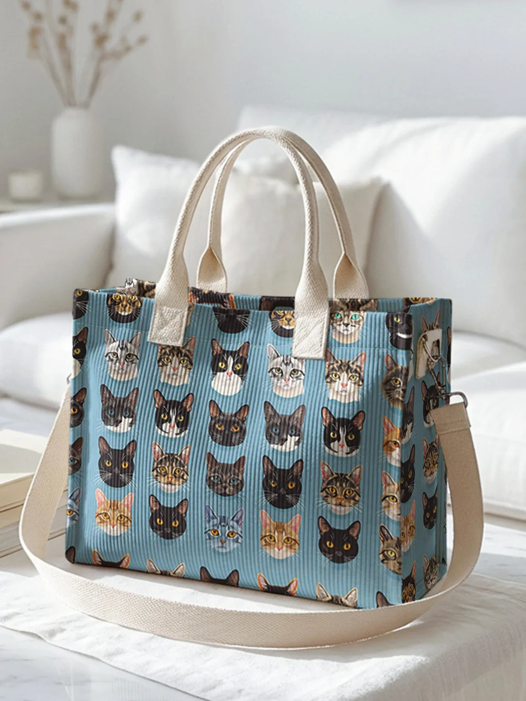 Nolène | Sac cabas en velours côtelé chats sur fond bleu
