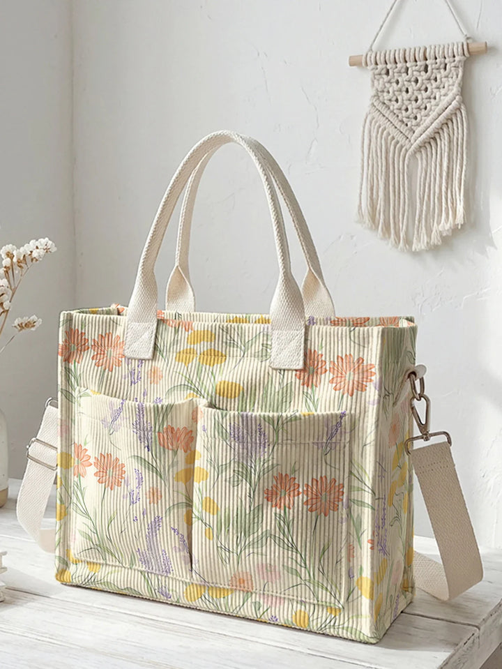 Xavière | Sac cabas en velours côtelé lavande et marguerites
