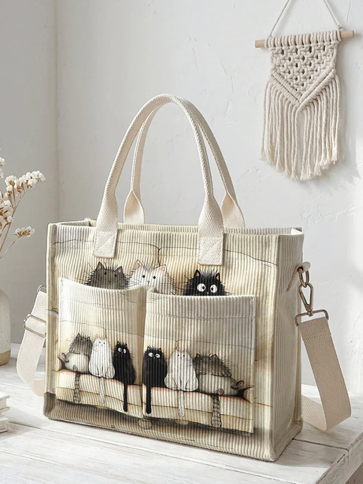 Olympe | Sac cabas en velours côtelé chats sur fond beige