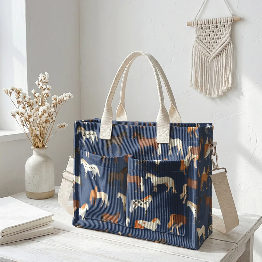 Romaine | Sac cabas en velours côtelé chevaux