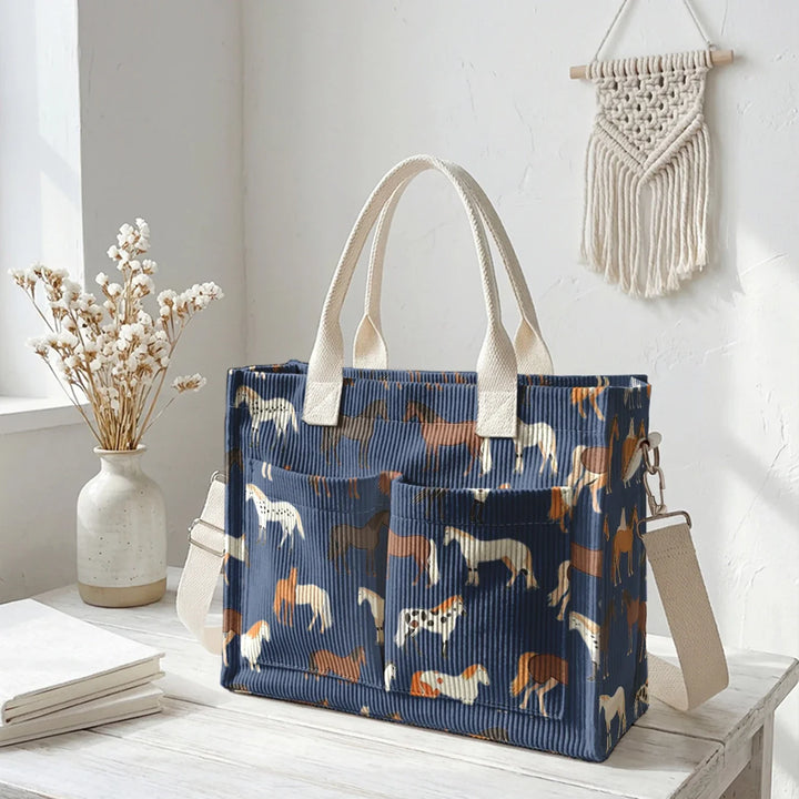 Romaine | Sac cabas en velours côtelé chevaux