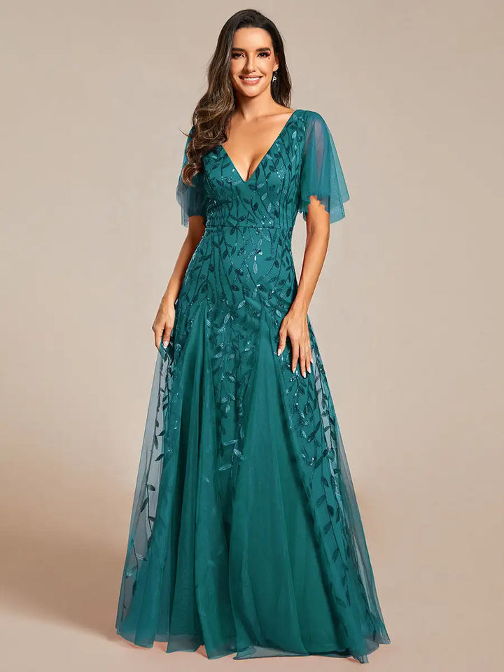 Tessa | Robe de Soirée avec Manches Volantes en Sequins
