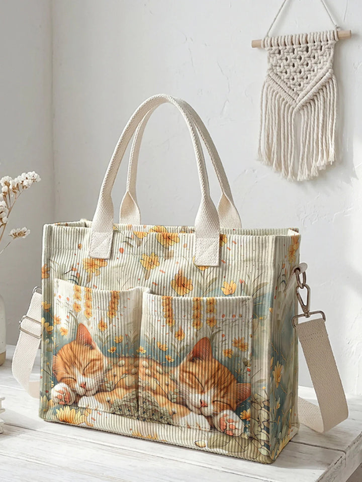 Pascaline | Sac cabas en velours côtelé chat endormi
