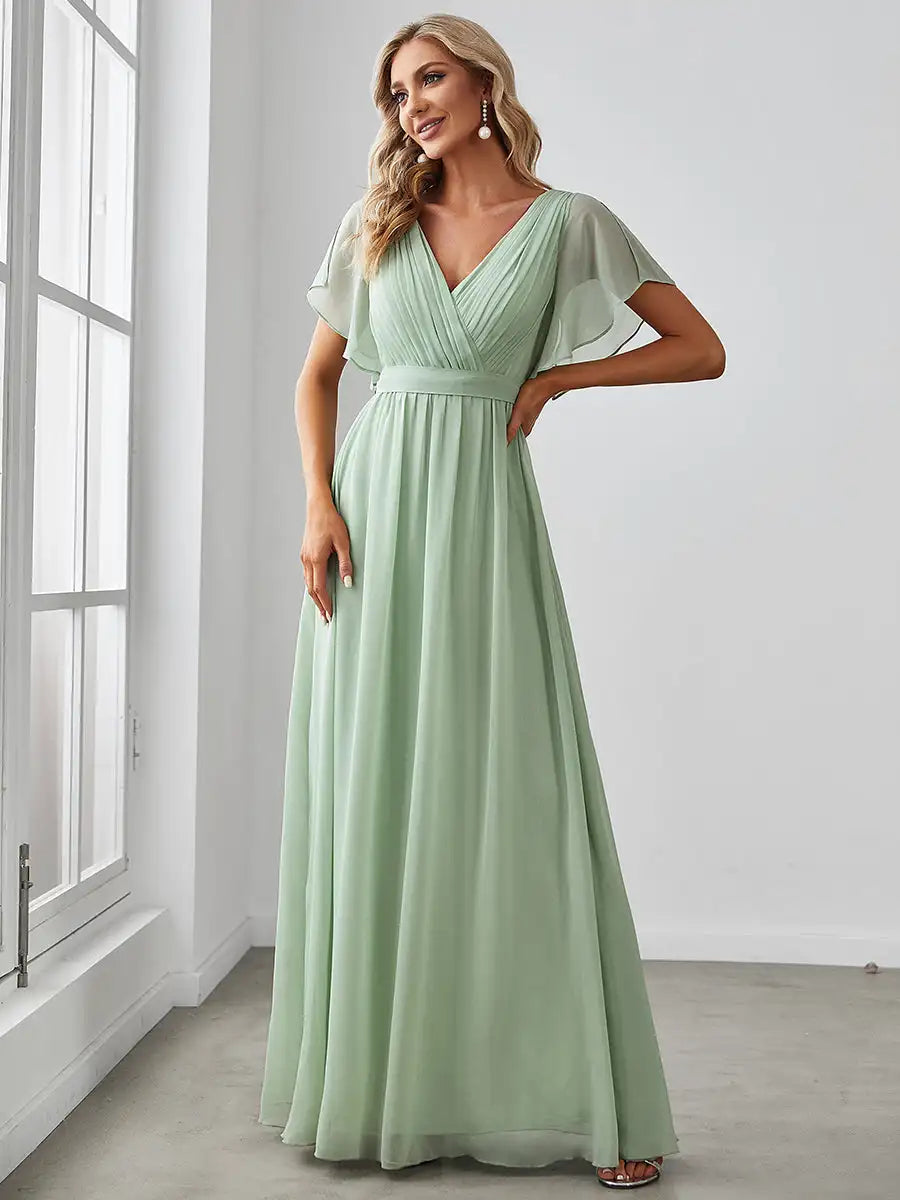 Celeste | Robe de Soirée en Chiffon à Manches Volantes