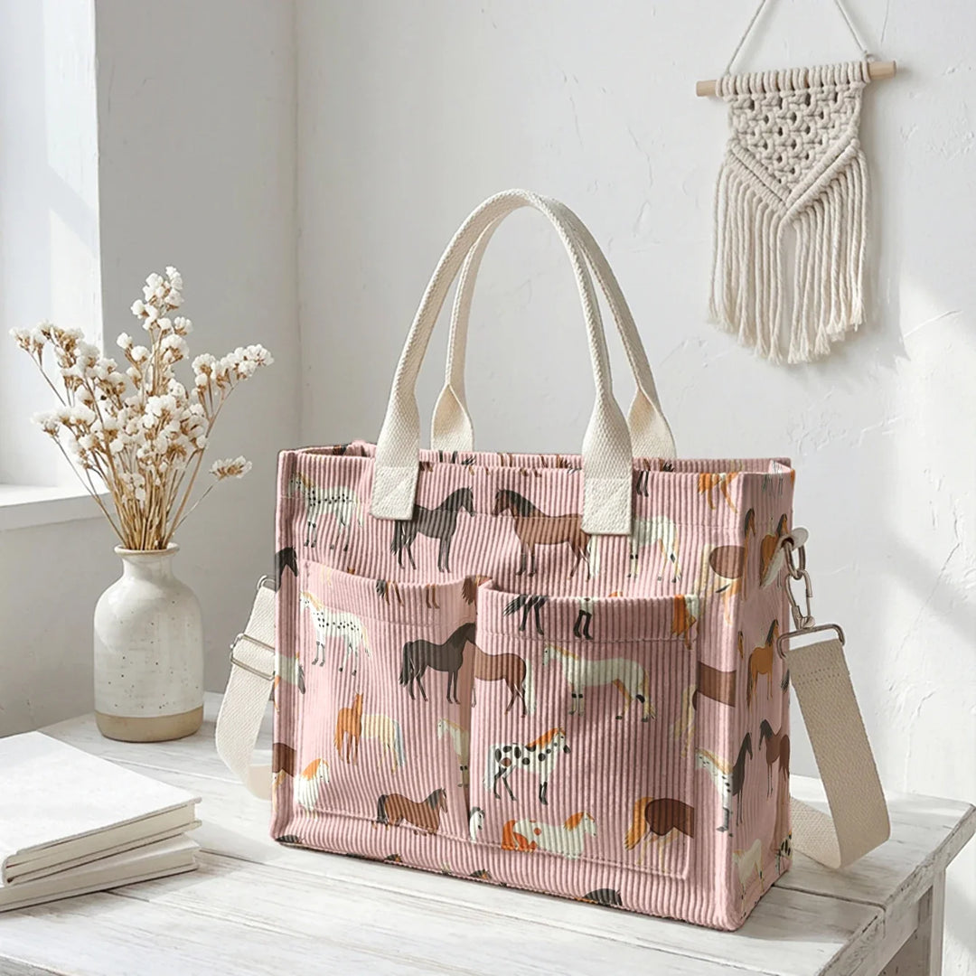 Romaine | Sac cabas en velours côtelé chevaux