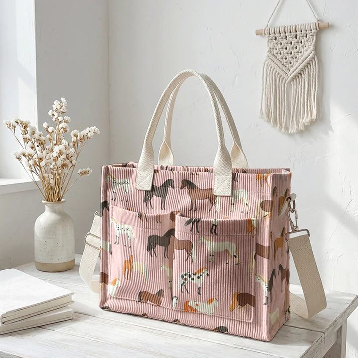 Romaine | Sac cabas en velours côtelé chevaux
