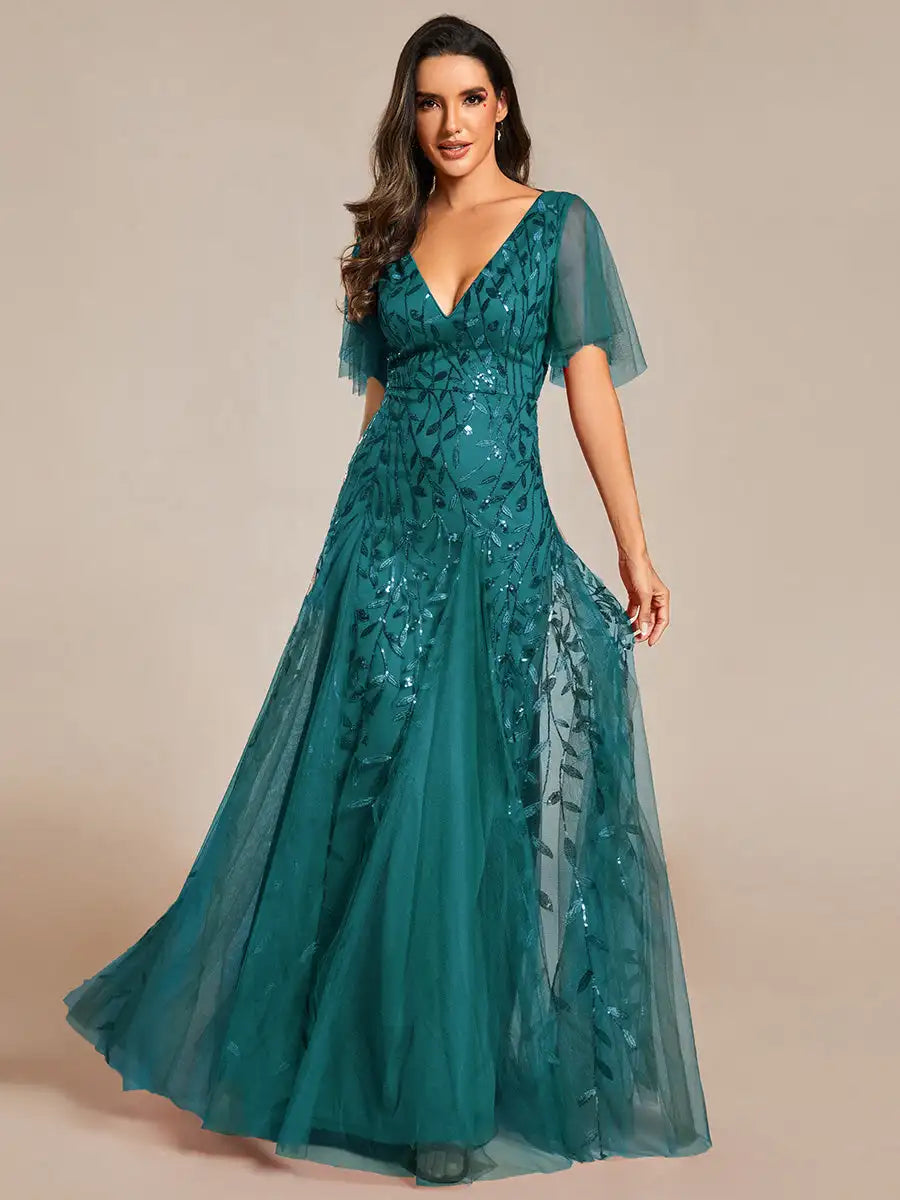 Tessa | Robe de Soirée avec Manches Volantes en Sequins