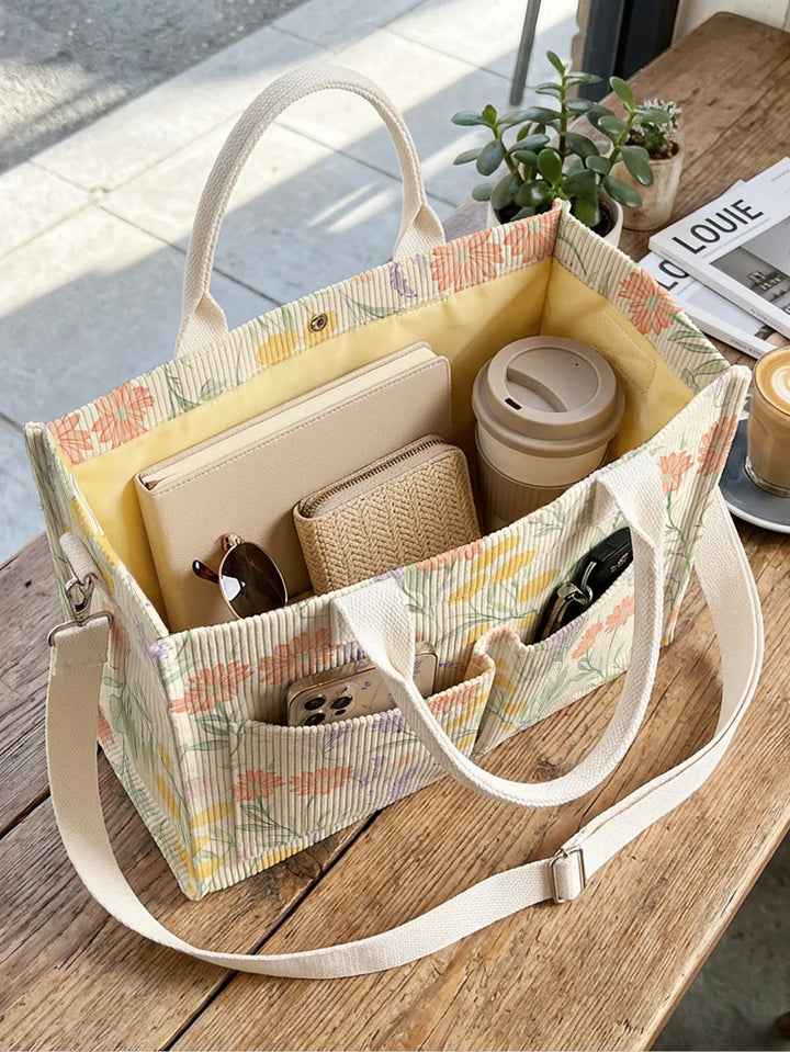 Xavière | Sac cabas en velours côtelé lavande et marguerites