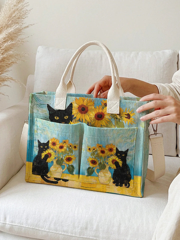 Pascale | Sac cabas en velours côtelé chat noir et tournesols