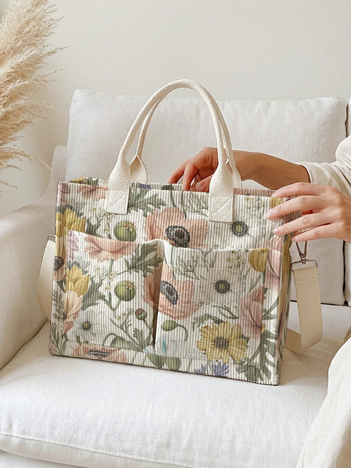 Théa | Sac cabas en velours côtelé anémones
