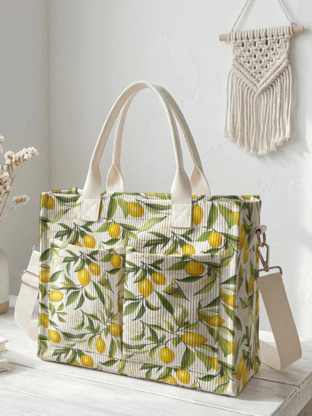 Ysaline | Sac cabas en velours côtelé citrons