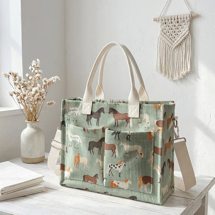 Romaine | Sac cabas en velours côtelé chevaux
