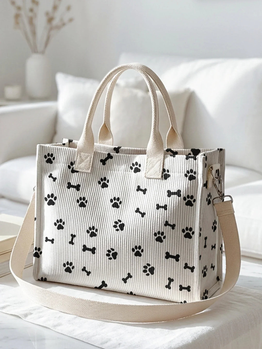 Reine | Sac cabas en velours côtelé empreintes de pattes