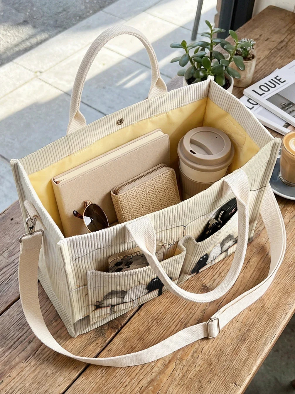 Olympe | Sac cabas en velours côtelé chats sur fond beige