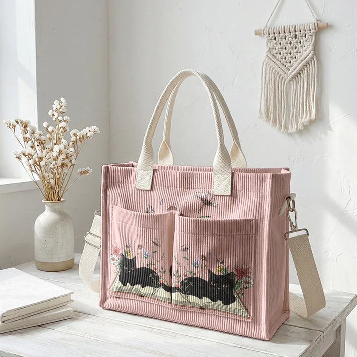 Nélia | Sac cabas en velours côtelé chat lecteur