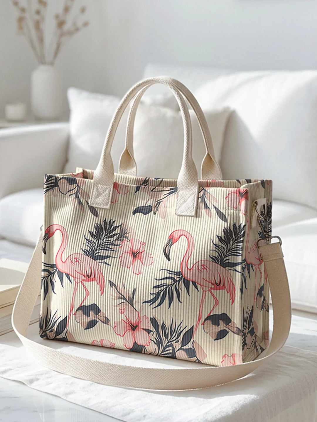 Rozenn | Sac cabas en velours côtelé flamants roses
