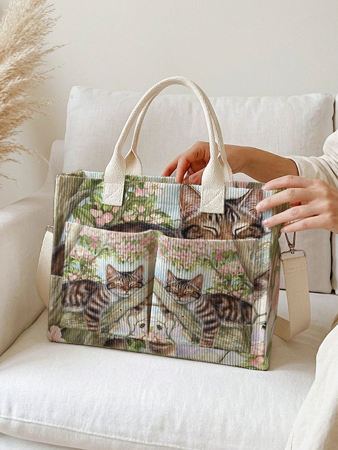 Oanez | Sac cabas en velours côtelé chat tigré fleuri