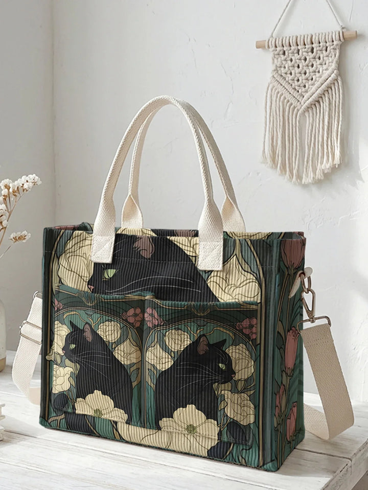 Ninette | Sac cabas en velours côtelé chat noir fleuri