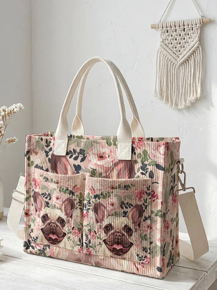 Pétronille | Sac cabas en velours côtelé bouledogue fleuri