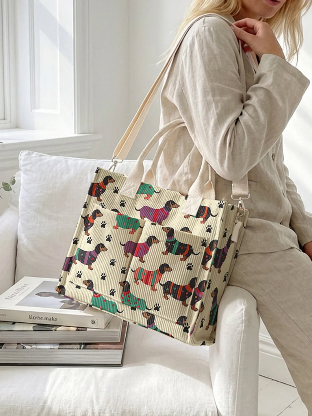 Pierrette | Sac cabas en velours côtelé teckels colorés