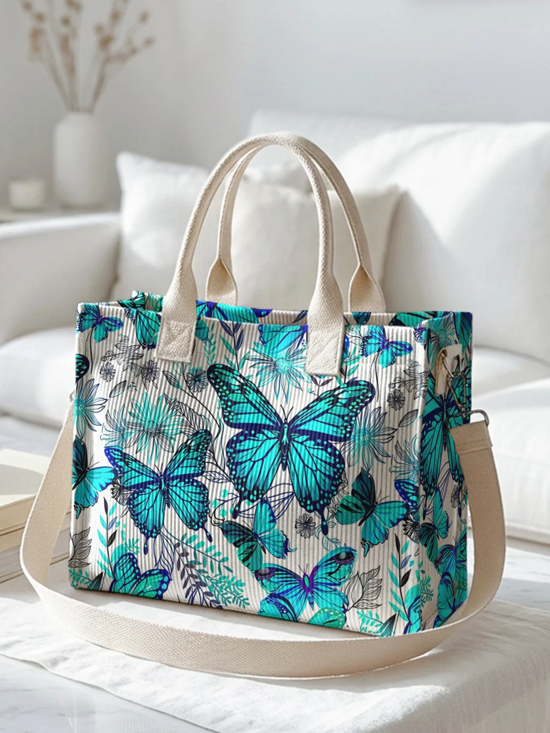 Rolande | Sac cabas en velours côtelé papillons turquoise
