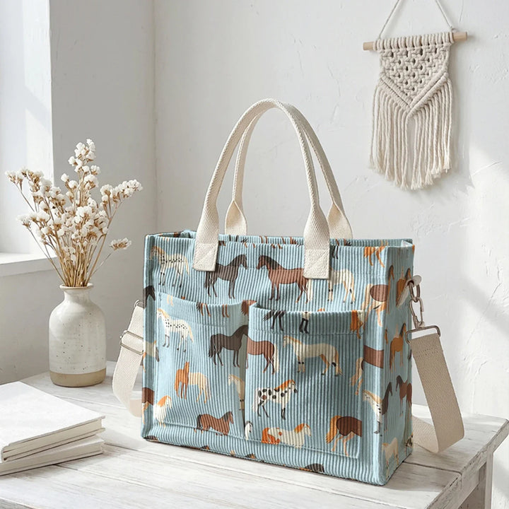 Romaine | Sac cabas en velours côtelé chevaux