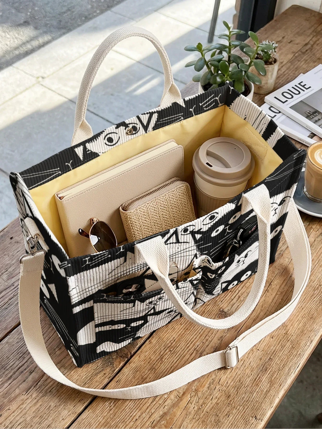 Ophélie | Sac cabas en velours côtelé chats noir et blanc